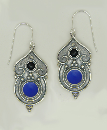 Sterling Silver Gothic Inspired Drop Dangle Earrings With Blue Onyx And Black Onyx